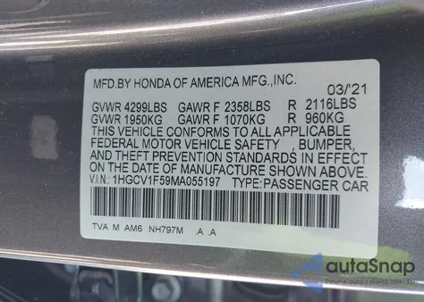 2021 Honda Accord Ex-L из США, поврежденный, VIN 1HGCV1F59MA055197